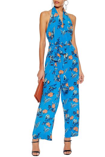 DIANE VON FURSTENBERG Belted floral-print silk crepe de chine halterneck jumpsuit