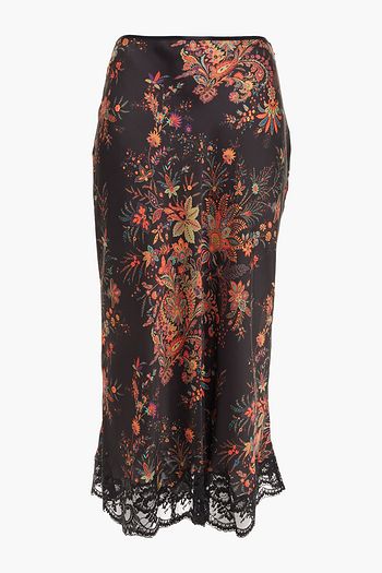 PACO RABANNE Lace-trimmed floral-print satin midi skirt