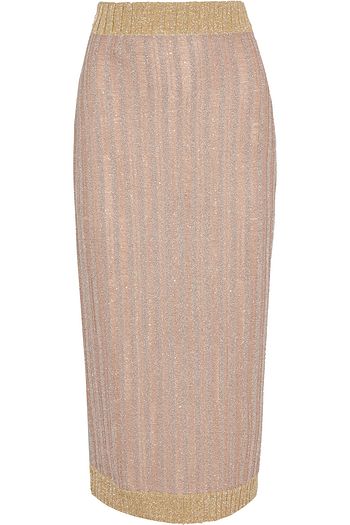 HERVÉ LÉGER Distressed metallic ribbed crochet-knit midi pencil skirt