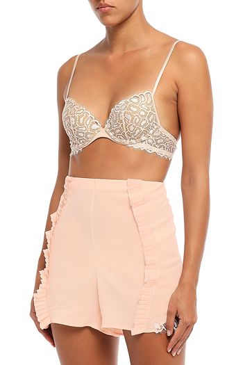 LA PERLA Lace-trimmed ruffled stretch-silk crepe de chine pajama shorts