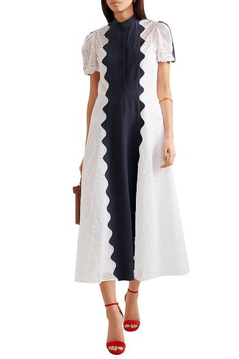 VALENTINO Paneled broderie anglaise cotton-blend and silk-crepe midi dress