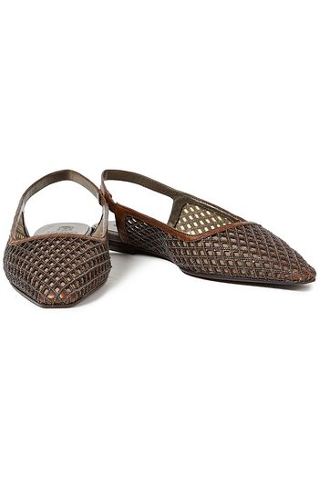 BRUNELLO CUCINELLI Bead-embellished laser-cut leather slingback point-toe flats