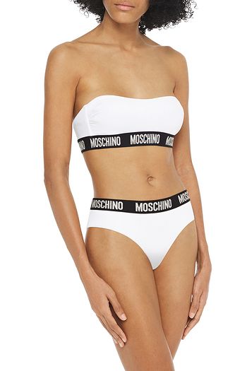 MOSCHINO Strapless metallic logo jacquard-trimmed bikini top