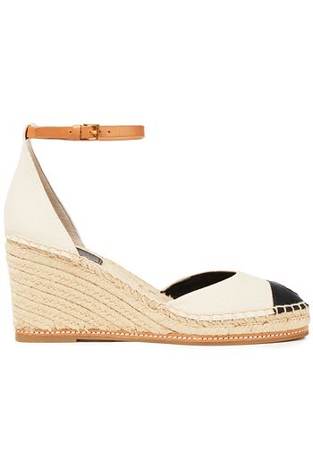 TORY BURCH Embroidered leather and canvas wedge espadrilles