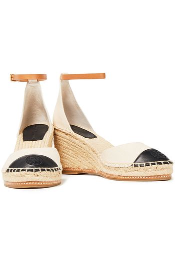TORY BURCH Embroidered leather and canvas wedge espadrilles