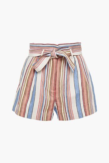 FRAME Belted striped linen shorts