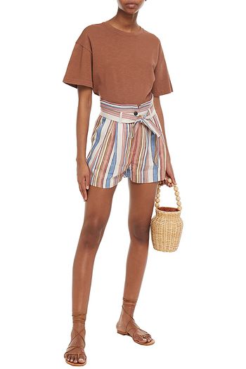 FRAME Belted striped linen shorts
