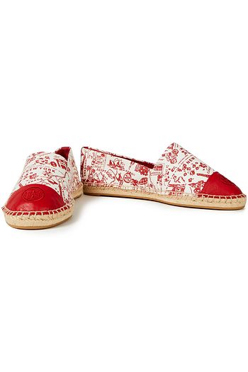 TORY BURCH Espadrilles aus Leder und Canvas mit Print und Stickereien