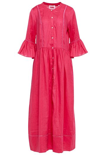 SOLID & STRIPED Lattice-trimmed gathered linen-gauze midi dress