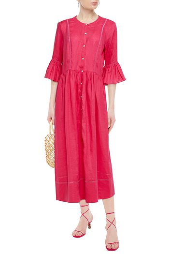 SOLID & STRIPED Lattice-trimmed gathered linen-gauze midi dress