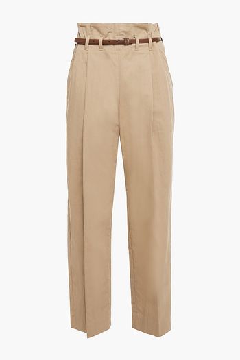 BRUNELLO CUCINELLI Cropped belted pleated cotton-blend straight-leg pants