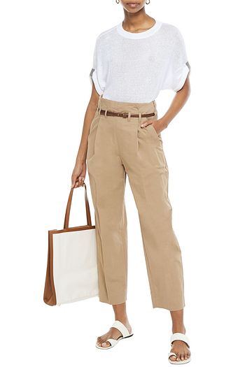 BRUNELLO CUCINELLI Cropped belted pleated cotton-blend straight-leg pants