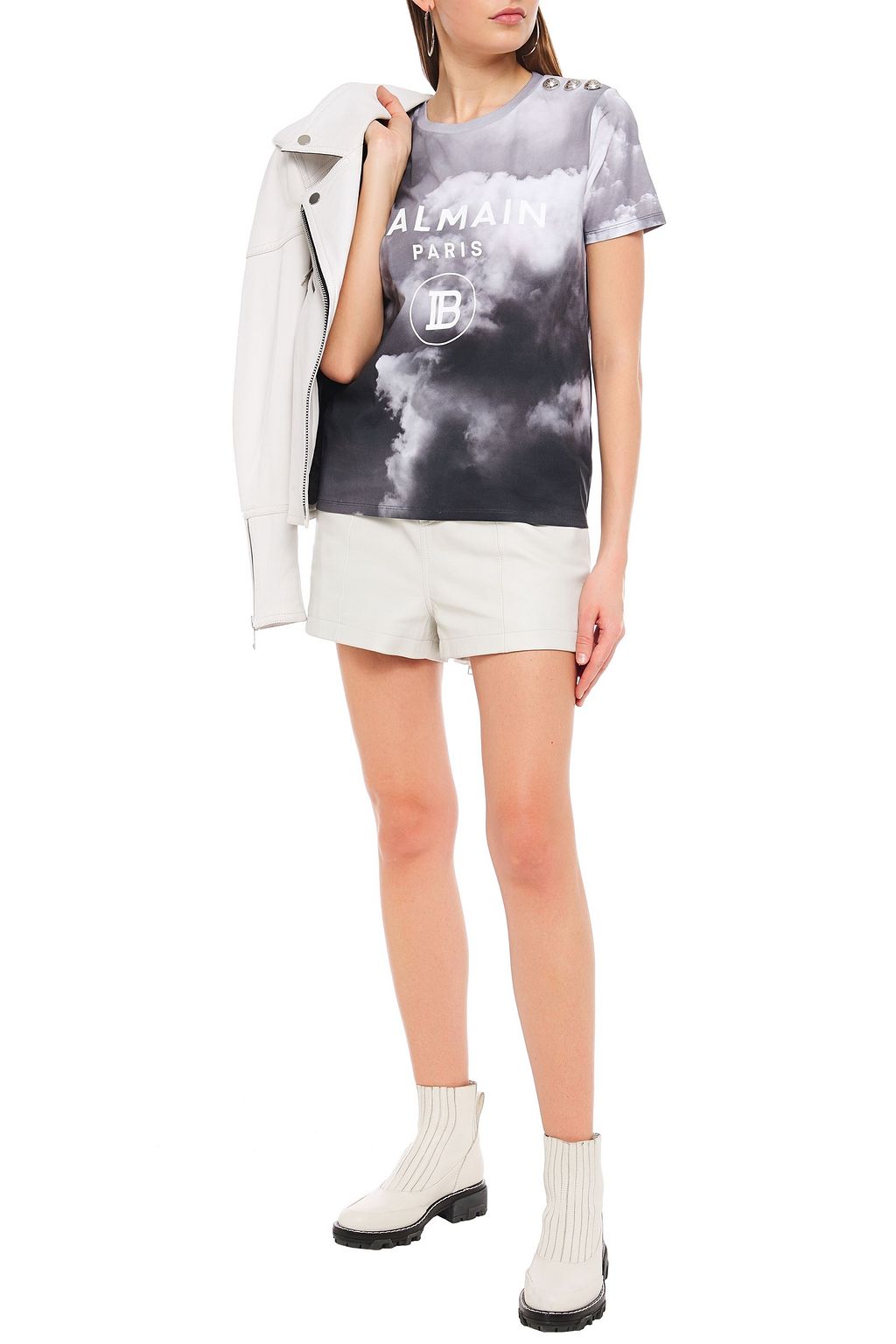 BALMAIN Button-embellished printed cotton-jersey T-shirt