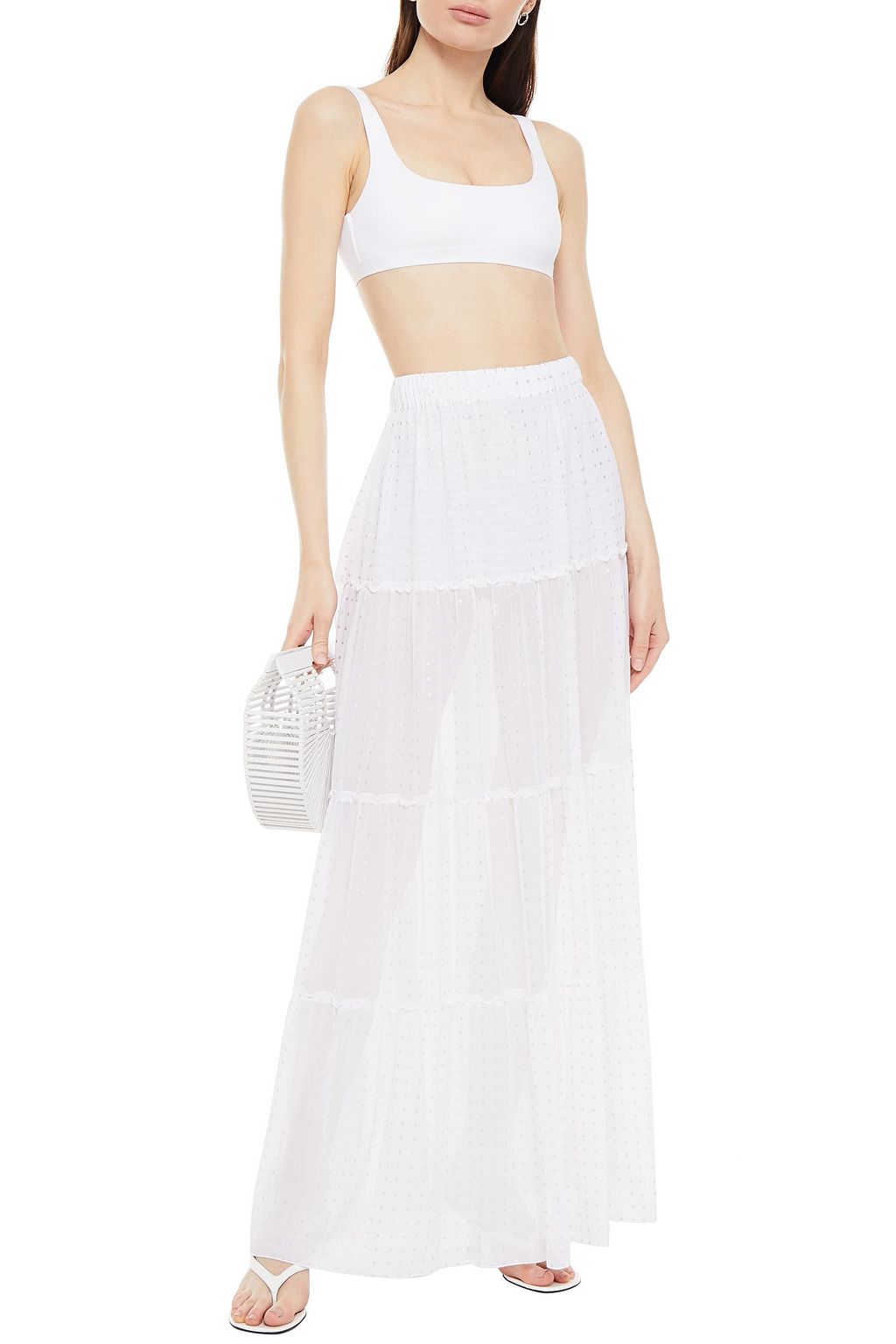 FISICO Gathered metallic polka dot mesh maxi skirt