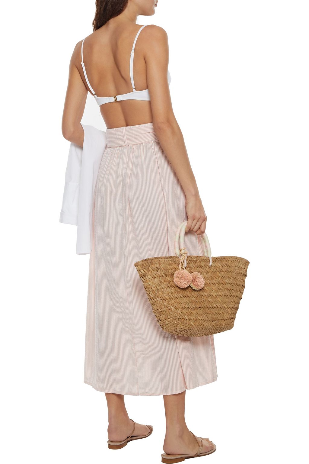 MELISSA ODABASH Alisa belted striped cotton-seersucker midi skirt