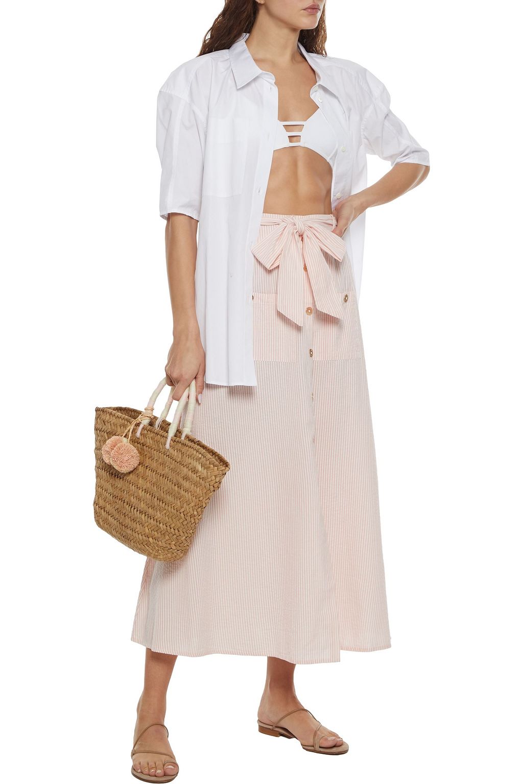 MELISSA ODABASH Alisa belted striped cotton-seersucker midi skirt