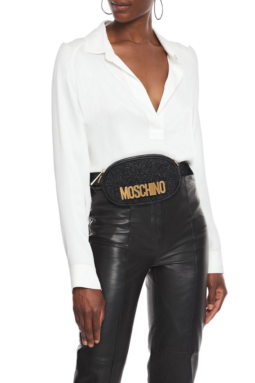 MOSCHINO Logo-embellished glittered leather belt bag