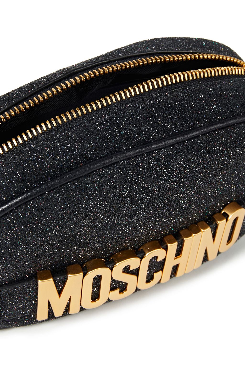MOSCHINO Logo-embellished glittered leather belt bag