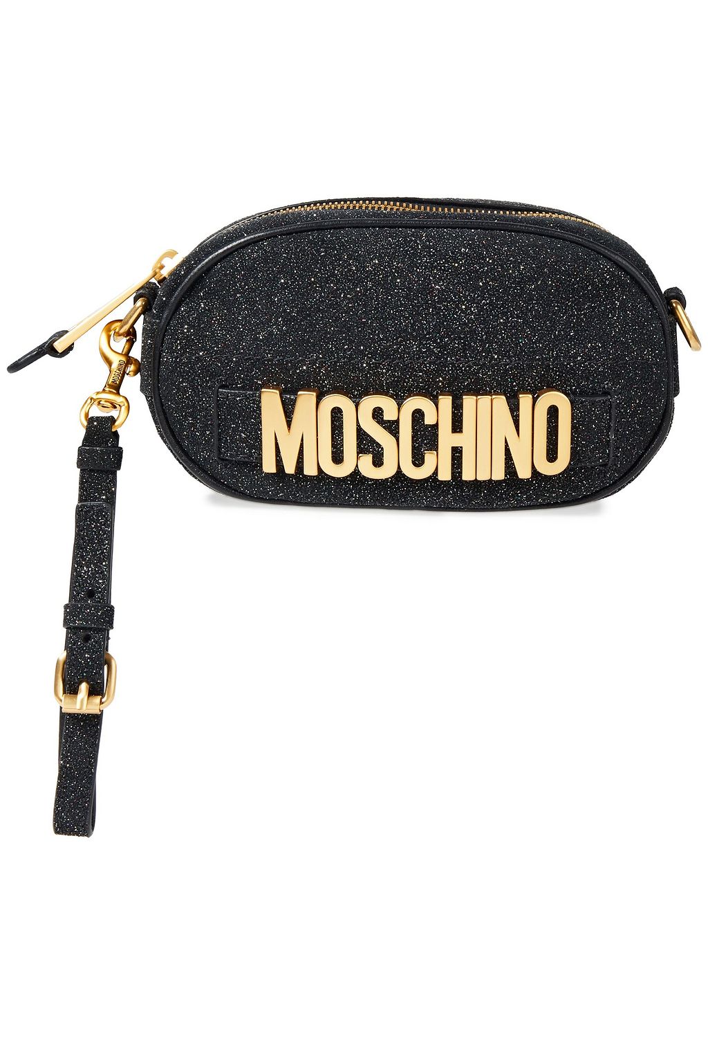 MOSCHINO Logo-embellished glittered leather belt bag