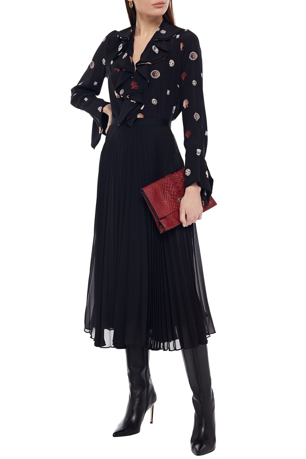 MCQUEEN Ruffled printed silk crepe de chine shirt