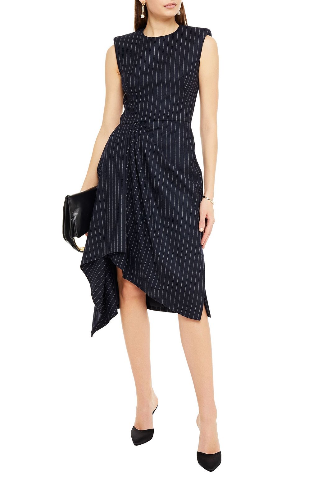 MCQUEEN Pinstriped draped wool dress
