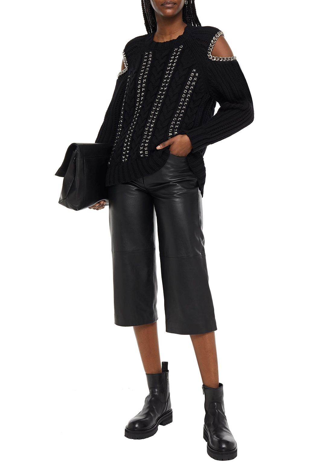 MCQUEEN Cold-shoulder chain-trimmed cable-knit cashmere sweater