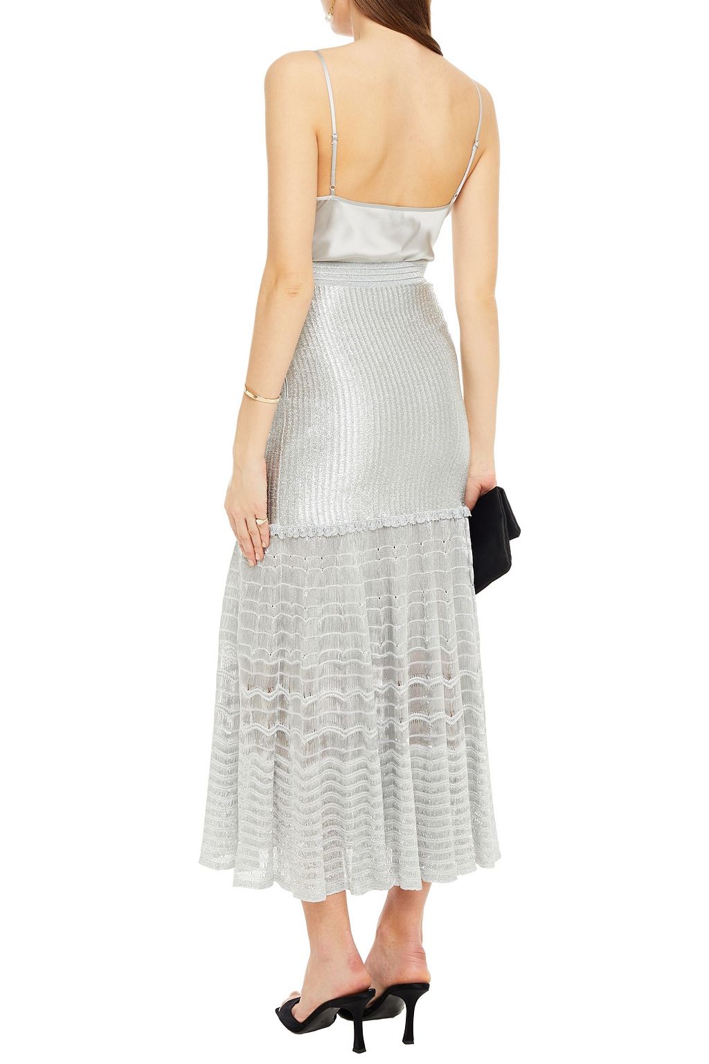 MCQUEEN Ruffled metallic ribbed-knit midi skirt