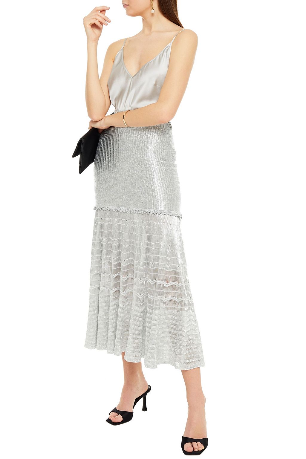 MCQUEEN Ruffled metallic ribbed-knit midi skirt
