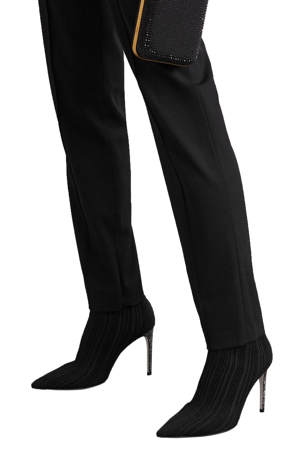 RENE' CAOVILLA Crystal-embellished metallic ribbed-knit sock boots