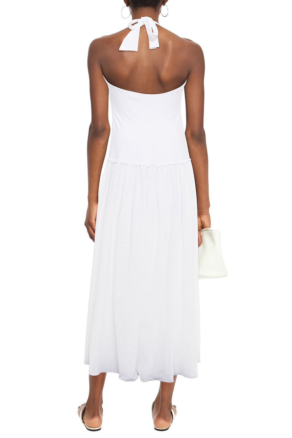 FISICO Gathered jersey and mesh halterneck midi dress