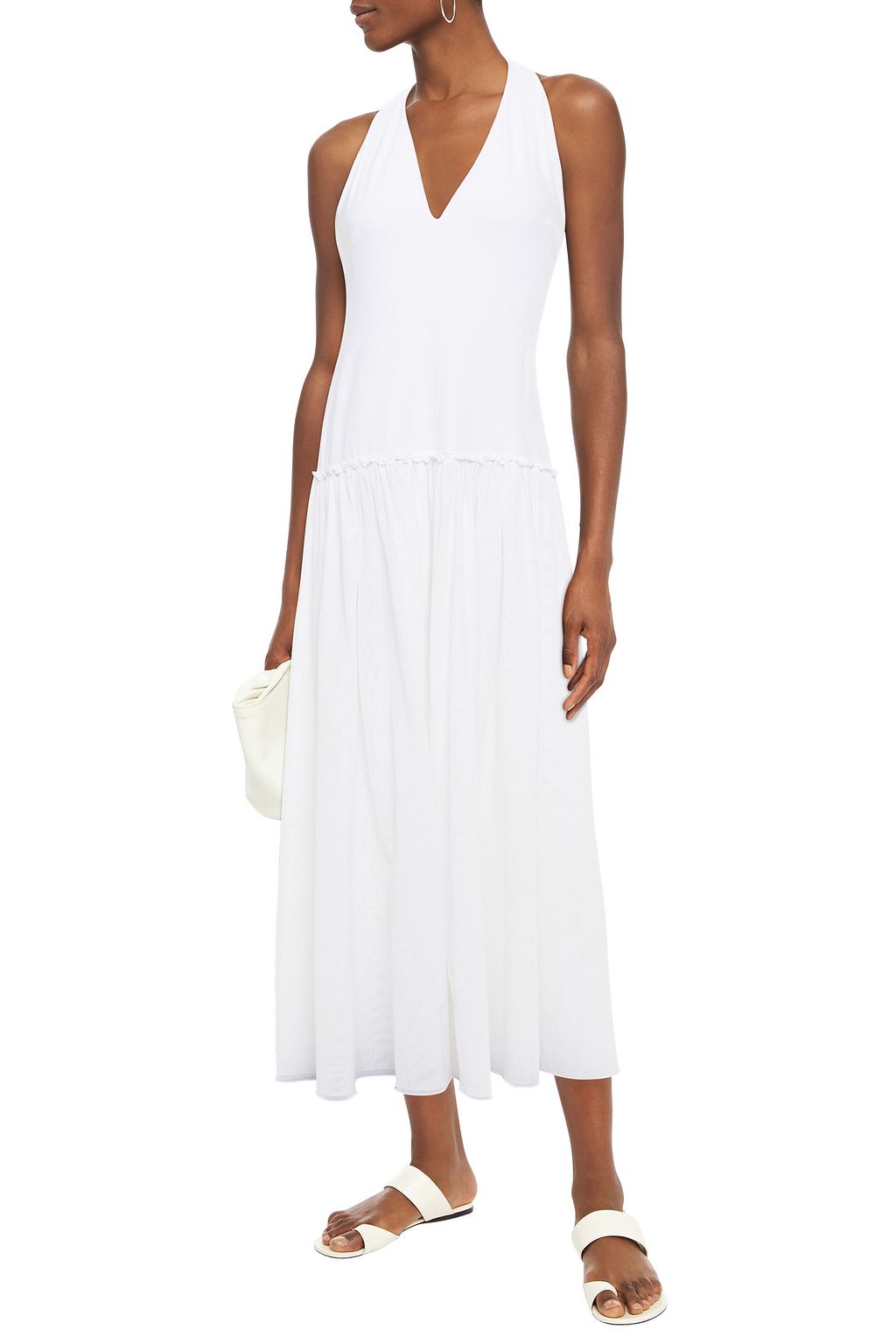 FISICO Gathered jersey and mesh halterneck midi dress