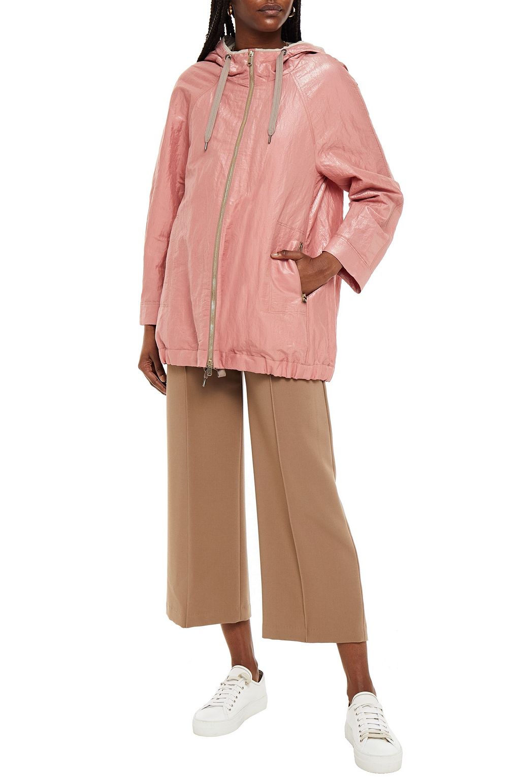BRUNELLO CUCINELLI Bead-embellished crinkled cotton-blend twill hooded jacket