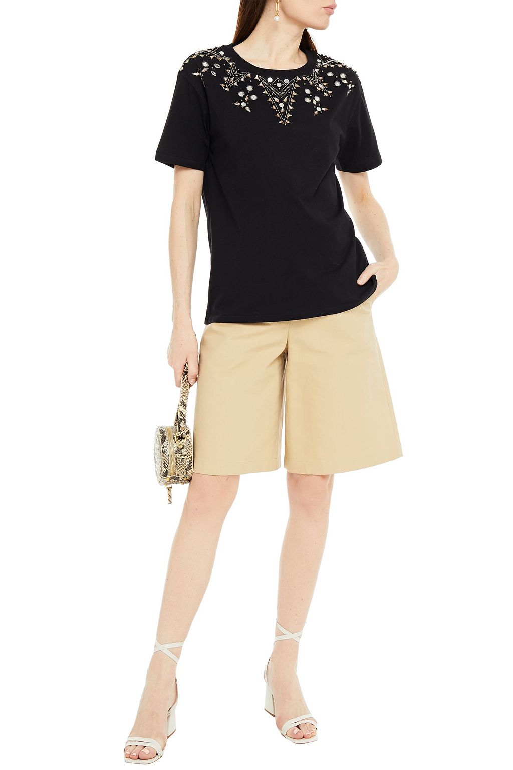 SANDRO Embellished cotton-jersey T-shirt