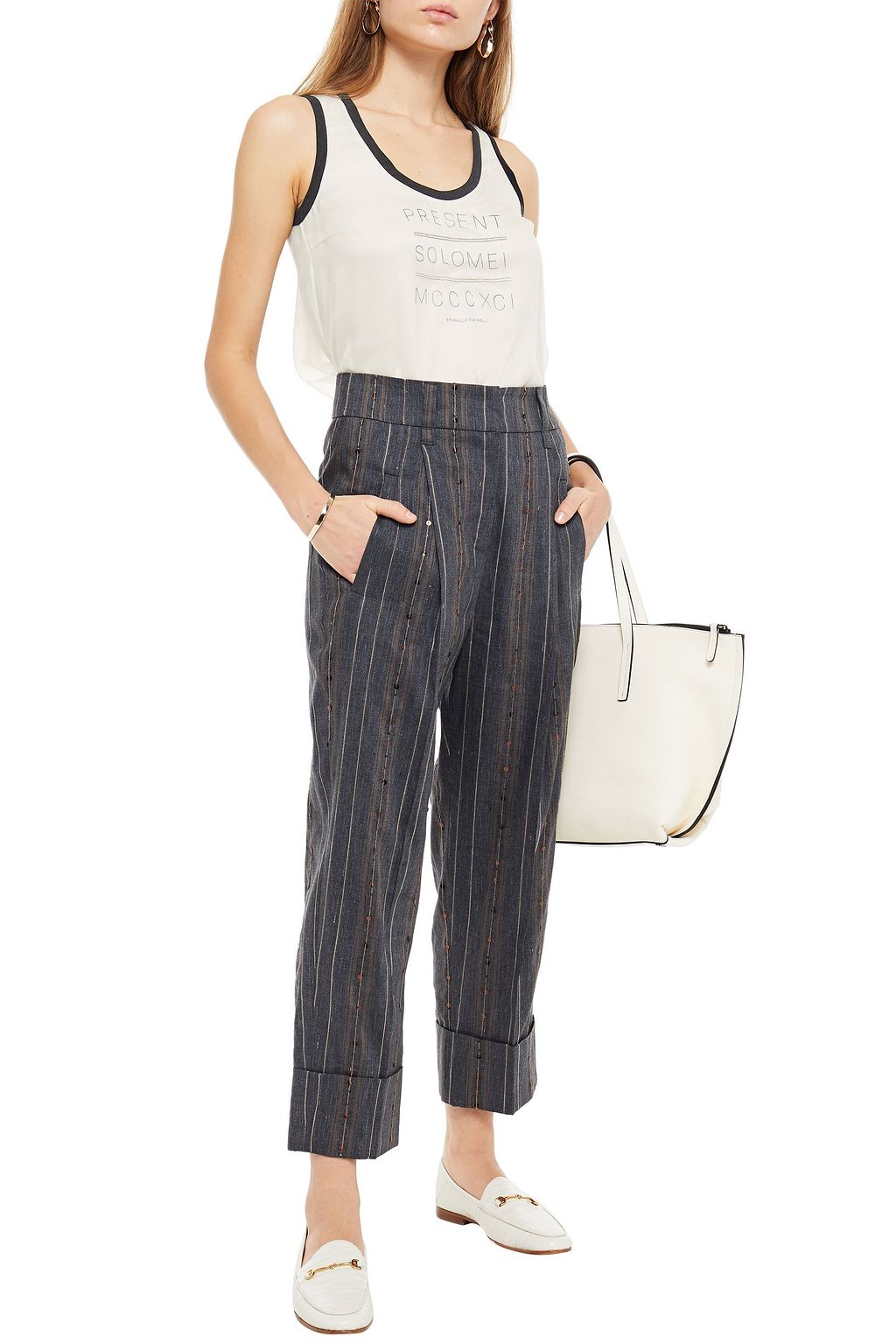 BRUNELLO CUCINELLI Bead-embellished printed silk-organza tank