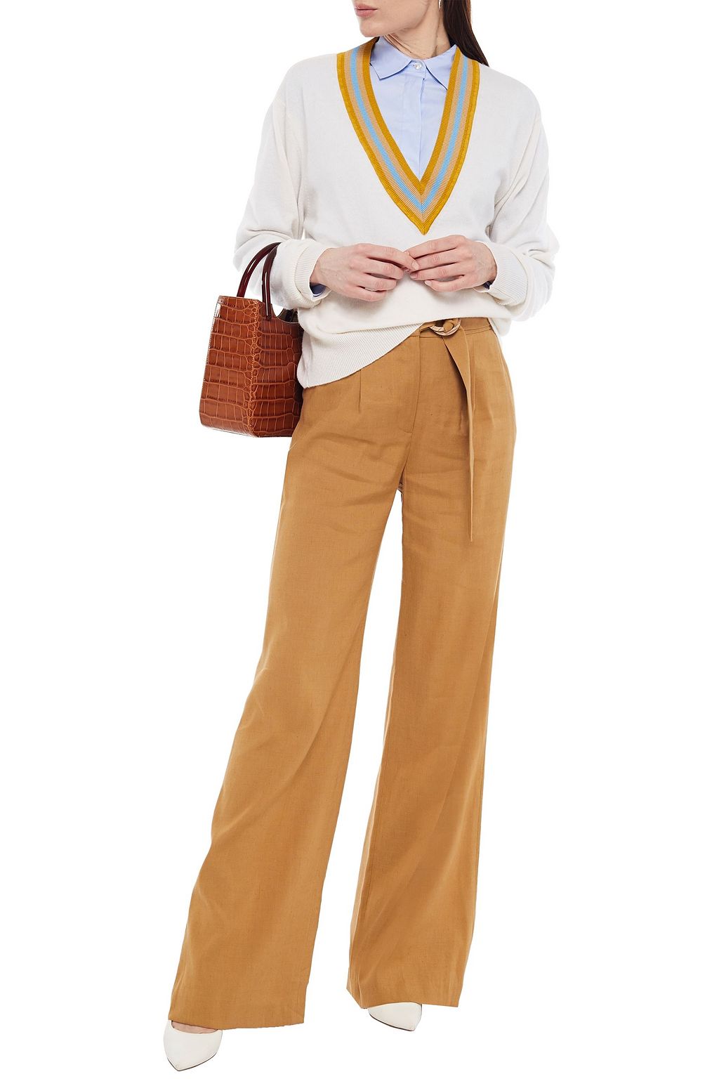 VERONICA BEARD Woode belted linen-blend wide-leg pants