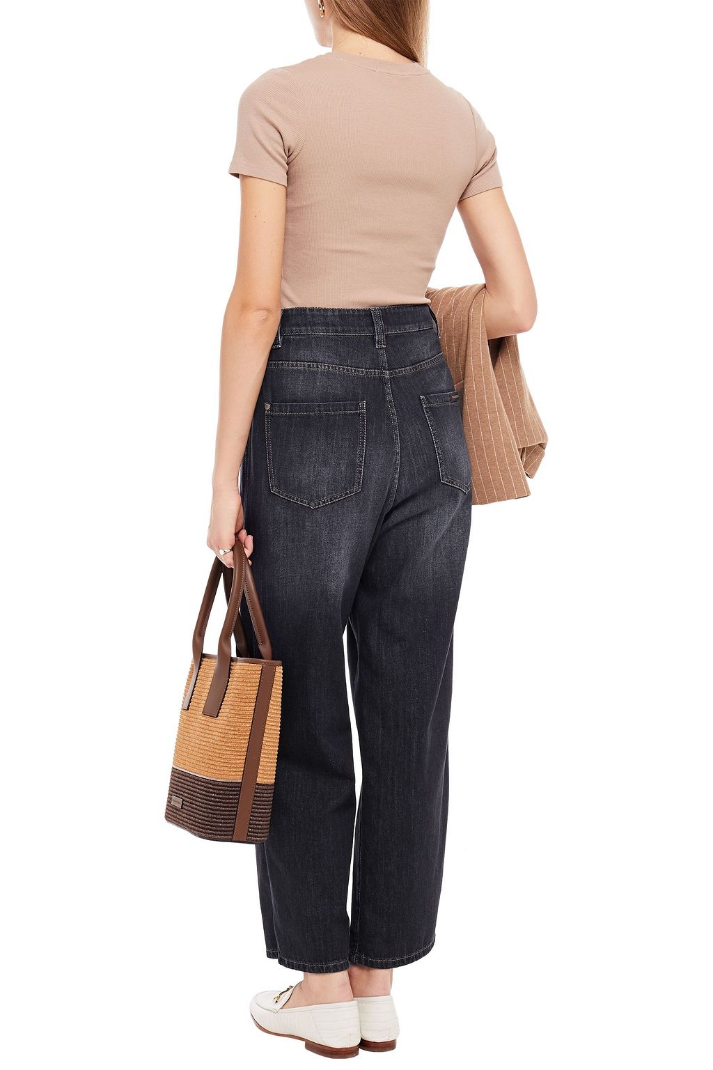 BRUNELLO CUCINELLI Bead-embellished pleated faded high-rise wide-leg jeans
