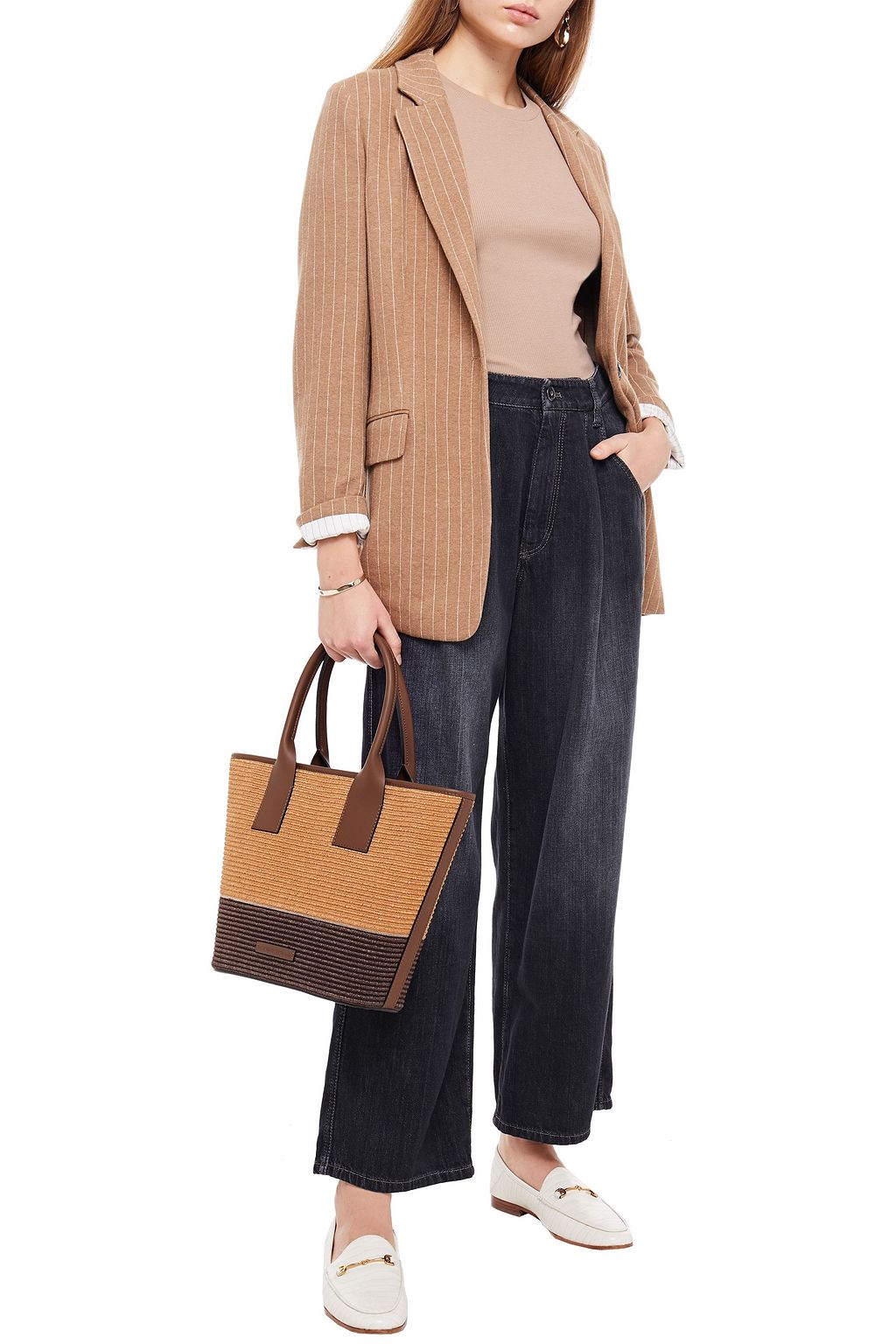 BRUNELLO CUCINELLI Bead-embellished pleated faded high-rise wide-leg jeans