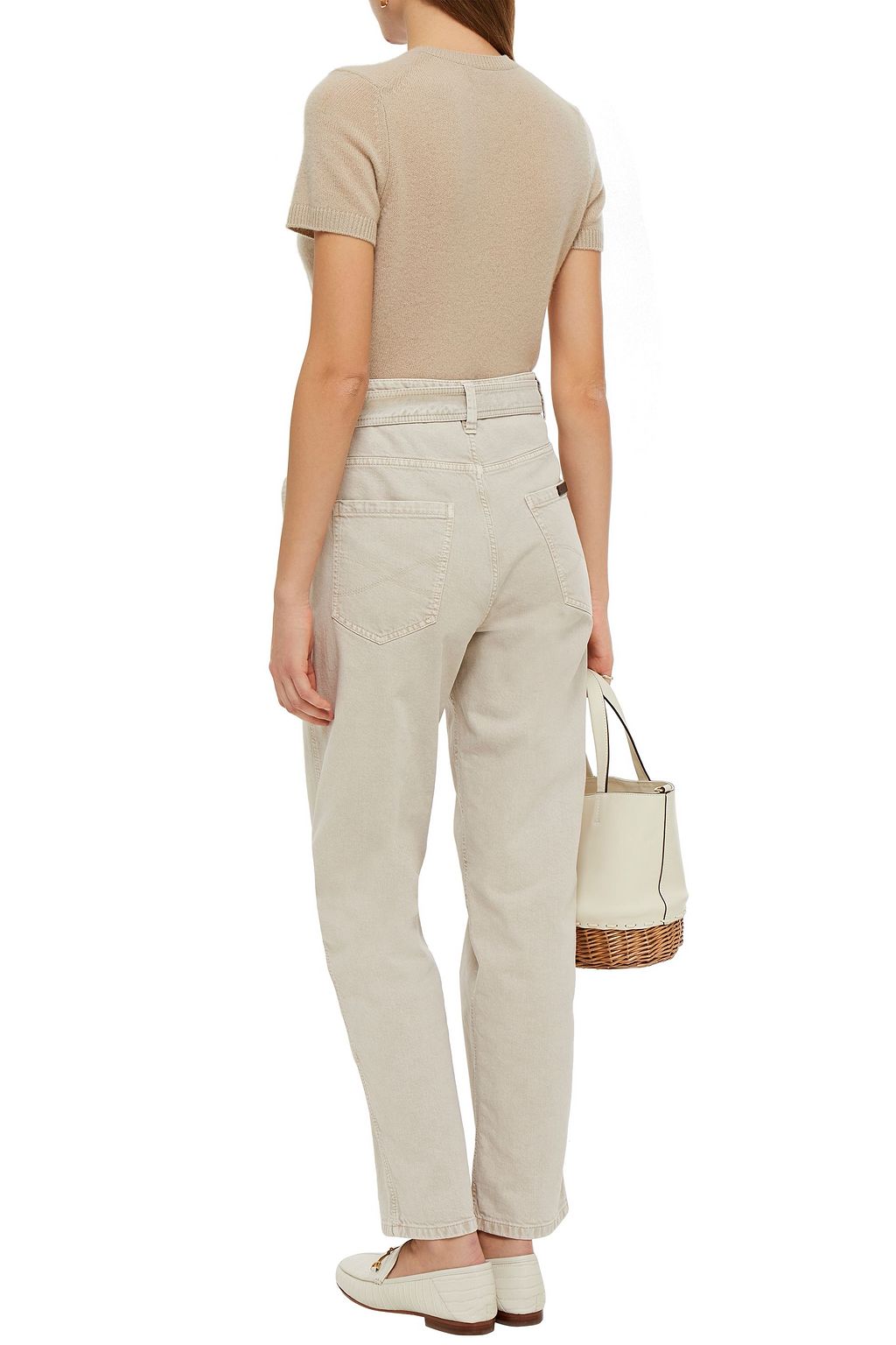 BRUNELLO CUCINELLI Leather-trimmed belted high-rise straight-leg jeans