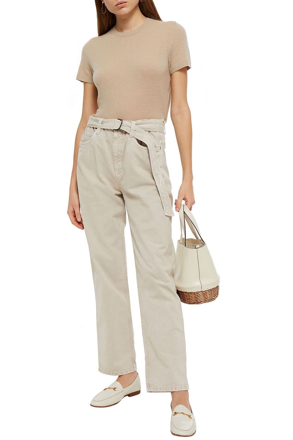 BRUNELLO CUCINELLI Leather-trimmed belted high-rise straight-leg jeans
