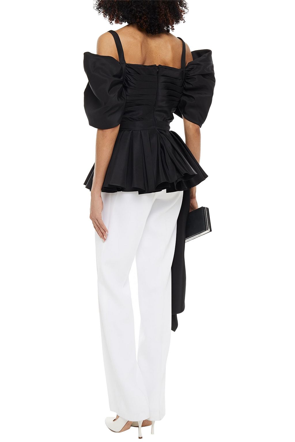 MCQUEEN Cold-shoulder draped silk-twill top
