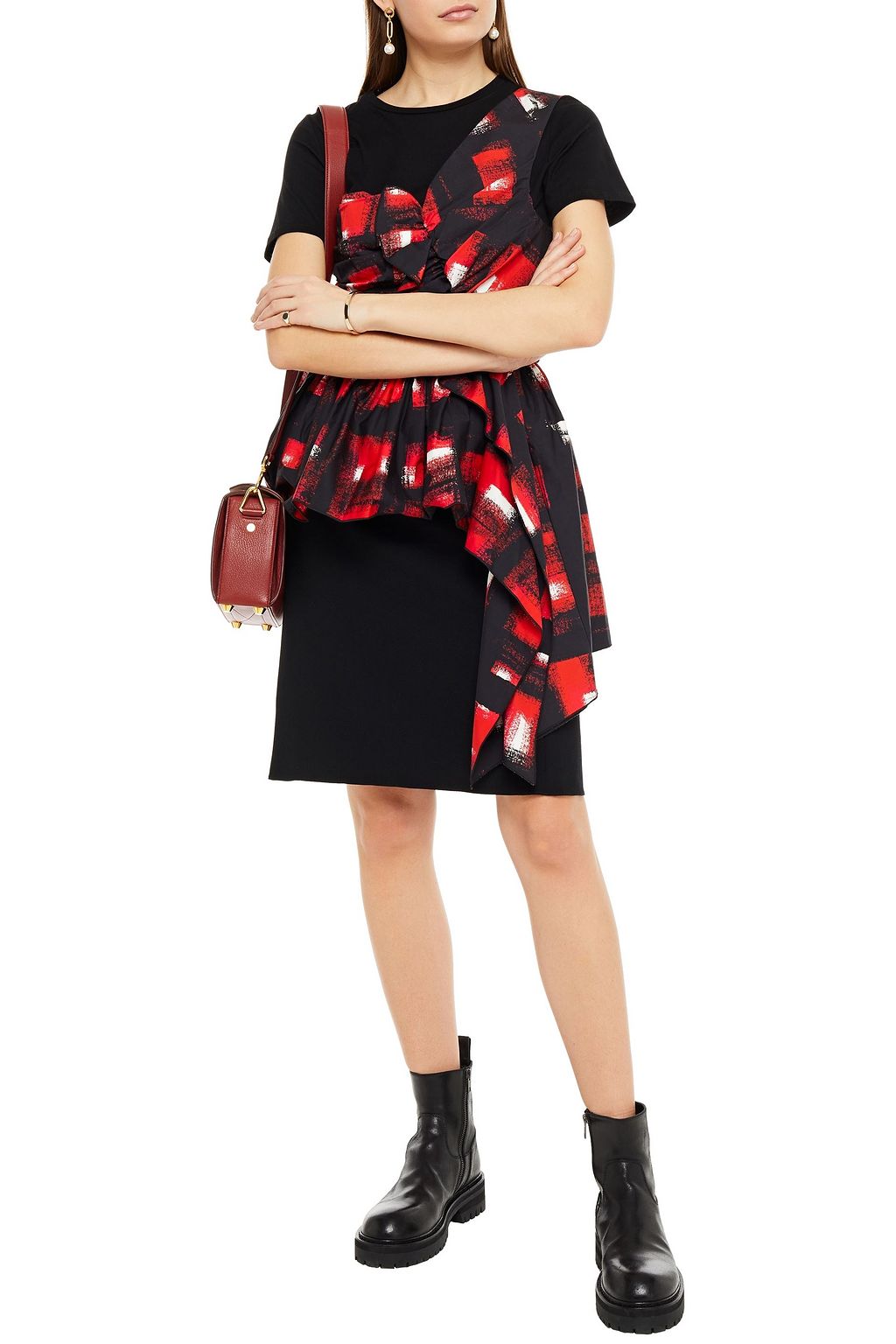 MCQUEEN Asymmetric paneled printed cotton-poplin and jersey top