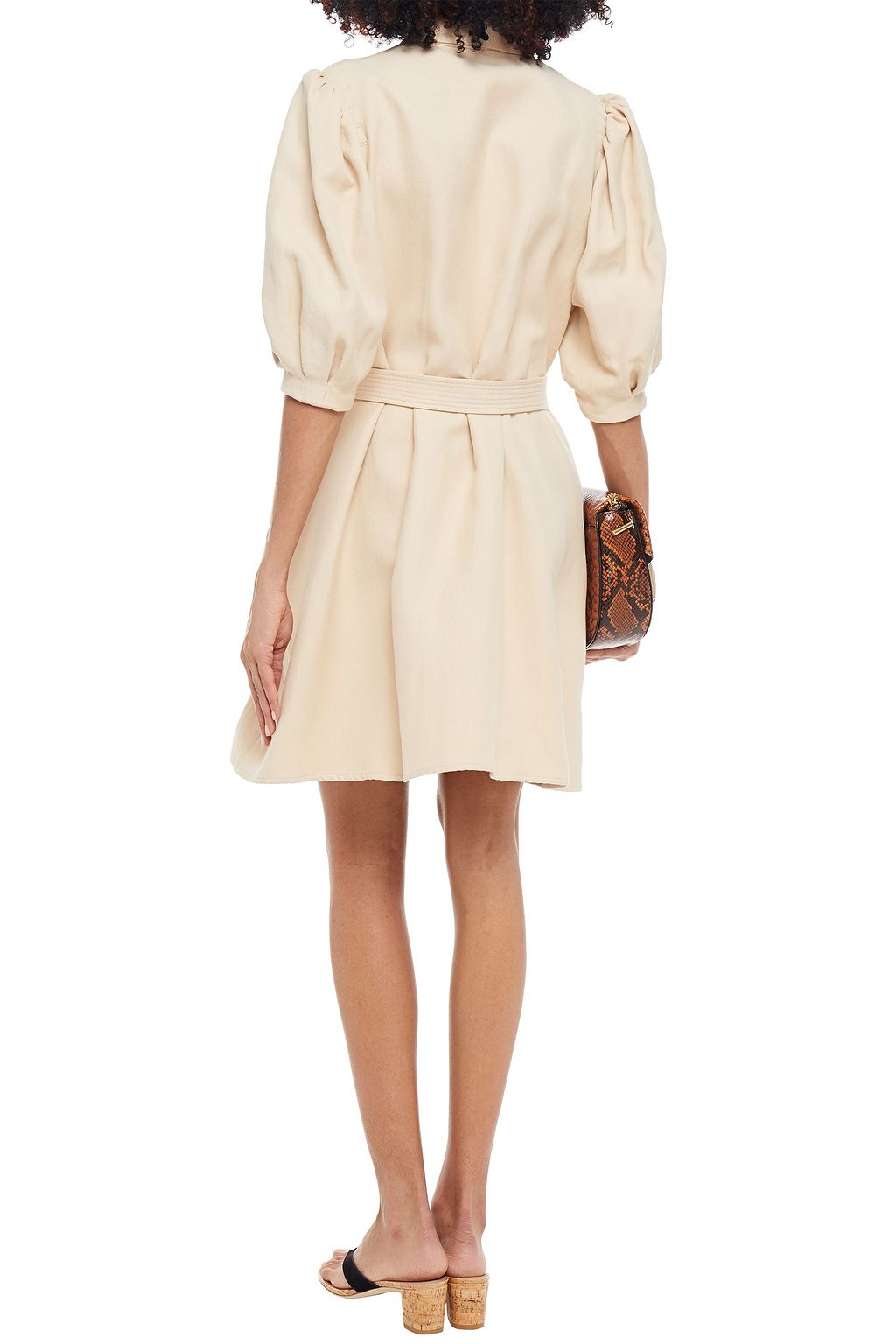 SANDRO Belted cotton and linen-blend twill mini shirt dress