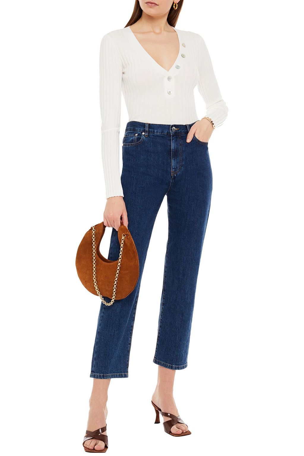 VERONICA BEARD Juliana button-detailed ribbed cotton-blend top