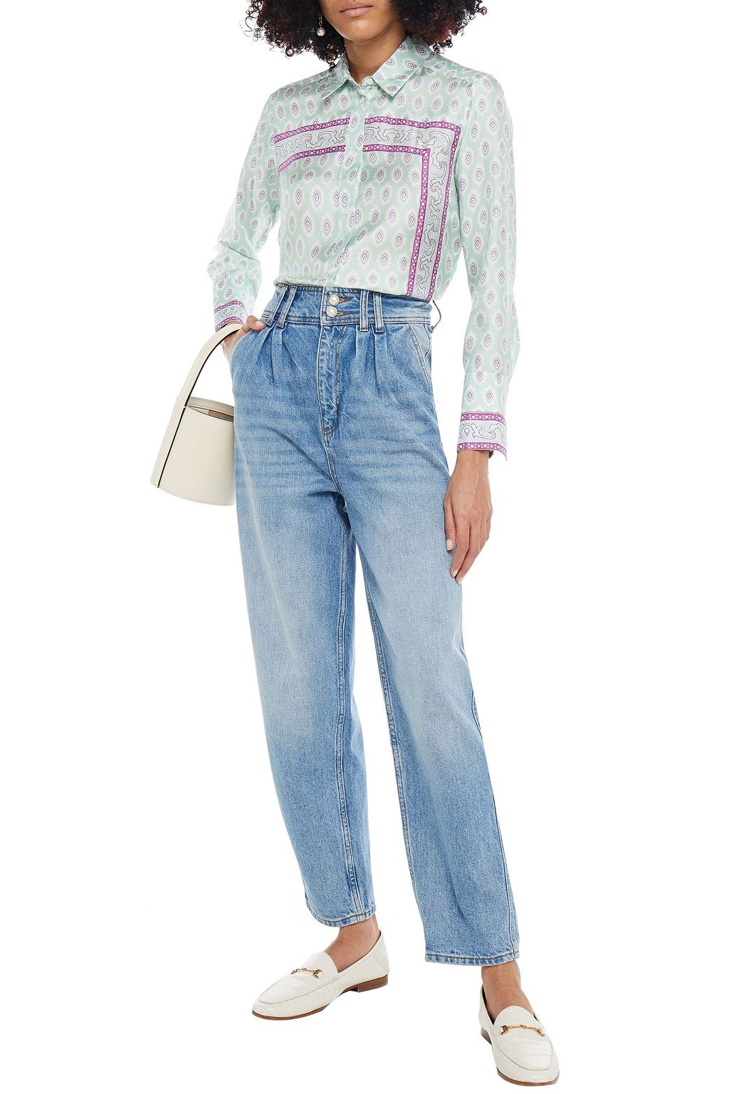 SANDRO Faux pearl-embellished faded high-rise straight-leg jeans