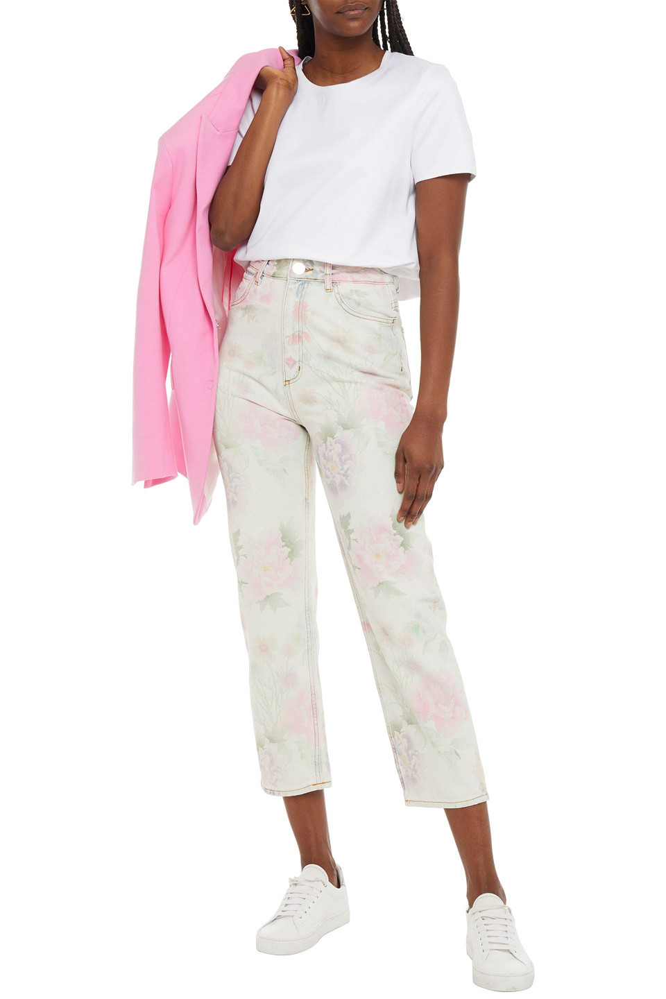 Sandro Cropped Floral-print High-rise Straight-leg Jeans In Light Green