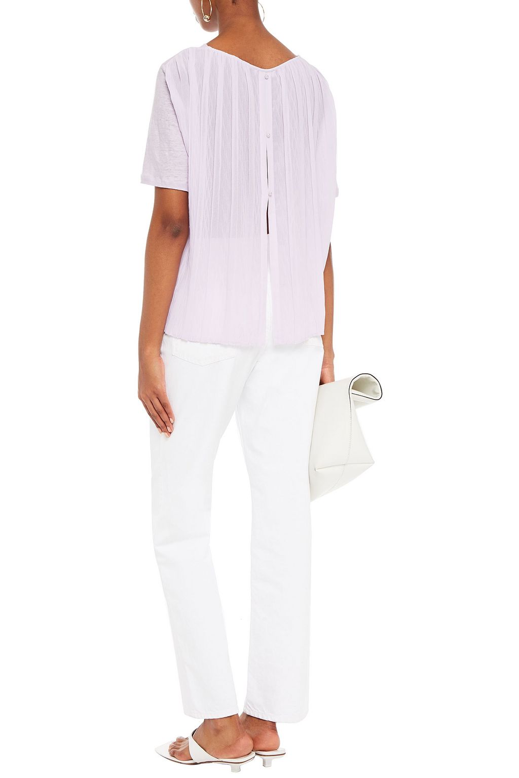 SANDRO Faux pearl-embellished georgette-paneled linen-jersey top