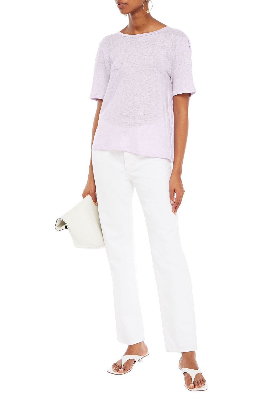 SANDRO Faux pearl-embellished georgette-paneled linen-jersey top