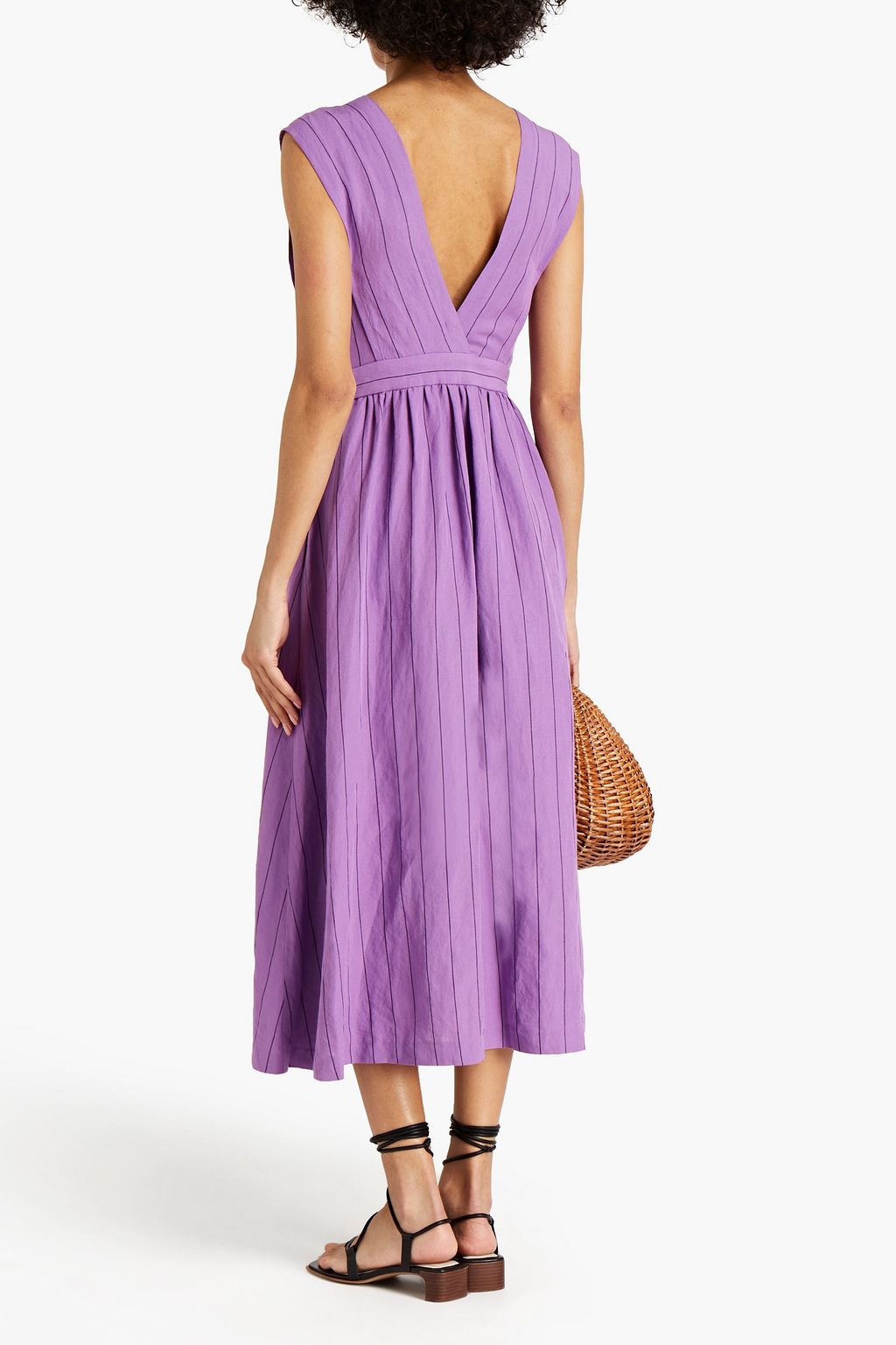 SANDRO Pulp gathered pinstriped woven midi dress