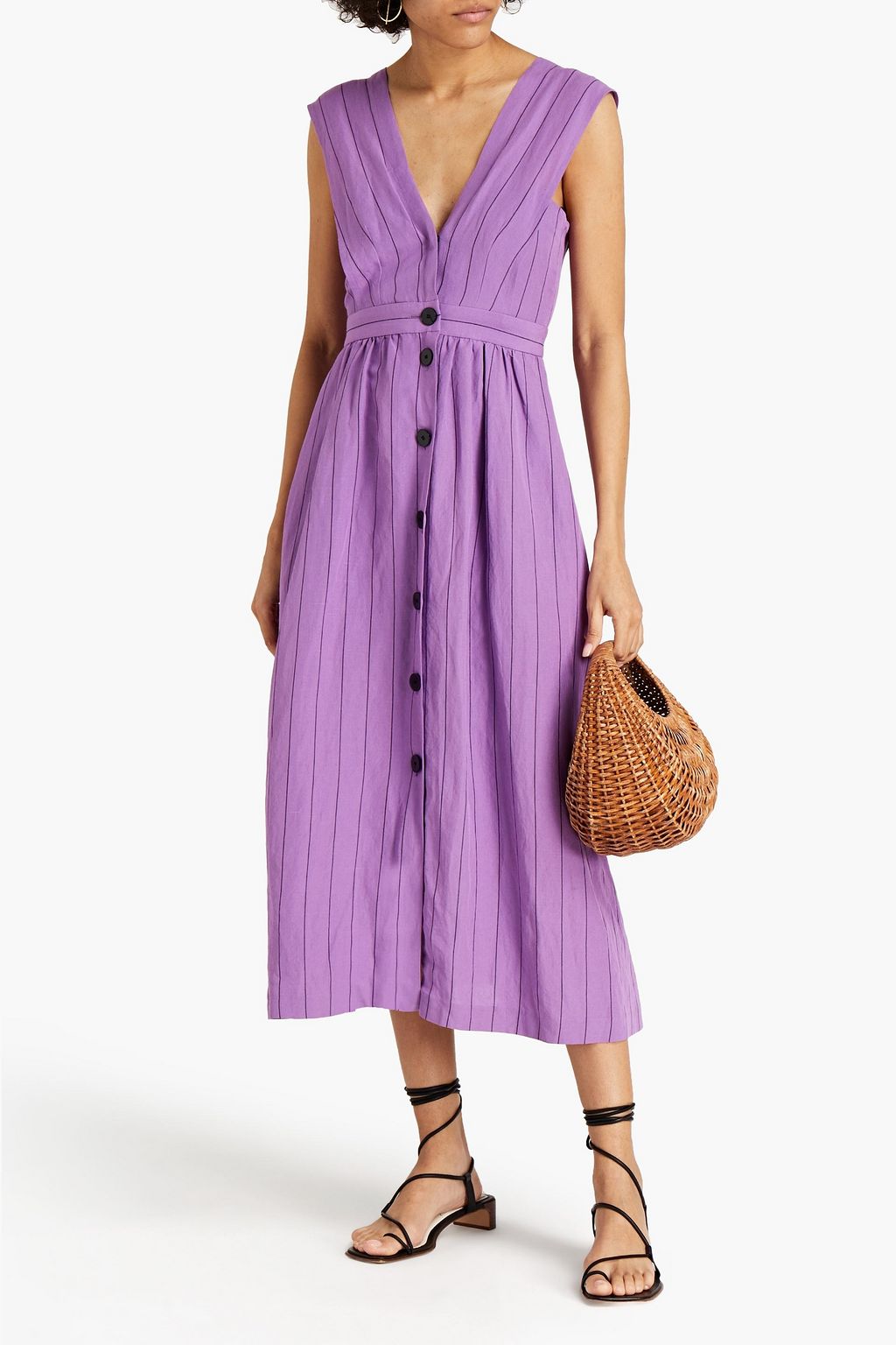 SANDRO Pulp gathered pinstriped woven midi dress