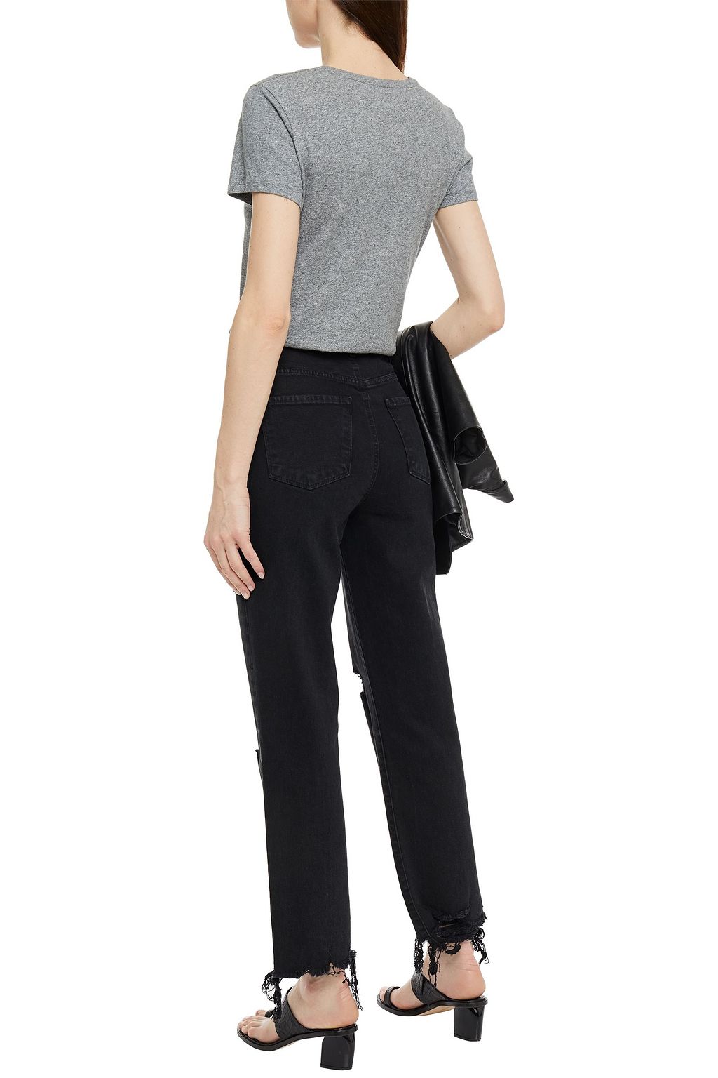 J BRAND Jules leather-trimmed distressed high-rise straight-leg jeans